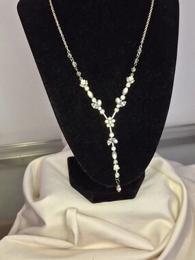 Monet Vintage Silver-Tone White Pearl and Crystal Y-Style Necklace